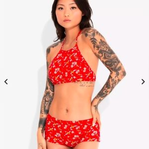 Red Daisy & Bumble Bee Halter Bikini Top & Swim Bottoms Floral Set New!